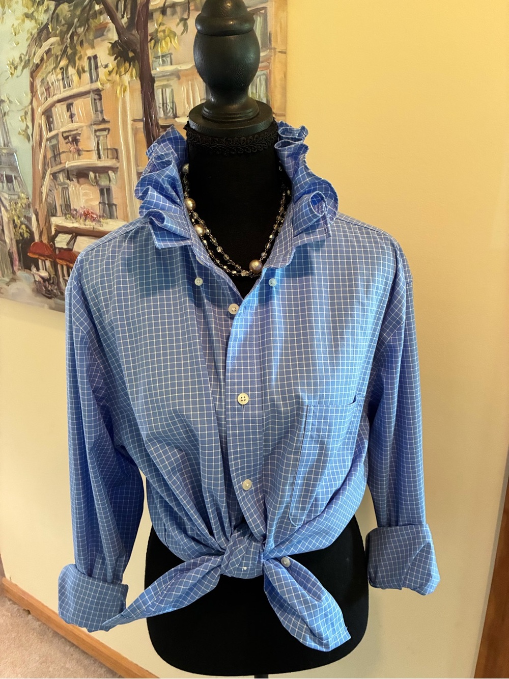Lauren Ralph Lauren Blue Windowpane Tie-Front Button Down